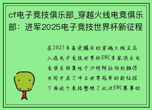 cf电子竞技俱乐部_穿越火线电竞俱乐部：进军2025电子竞技世界杯新征程